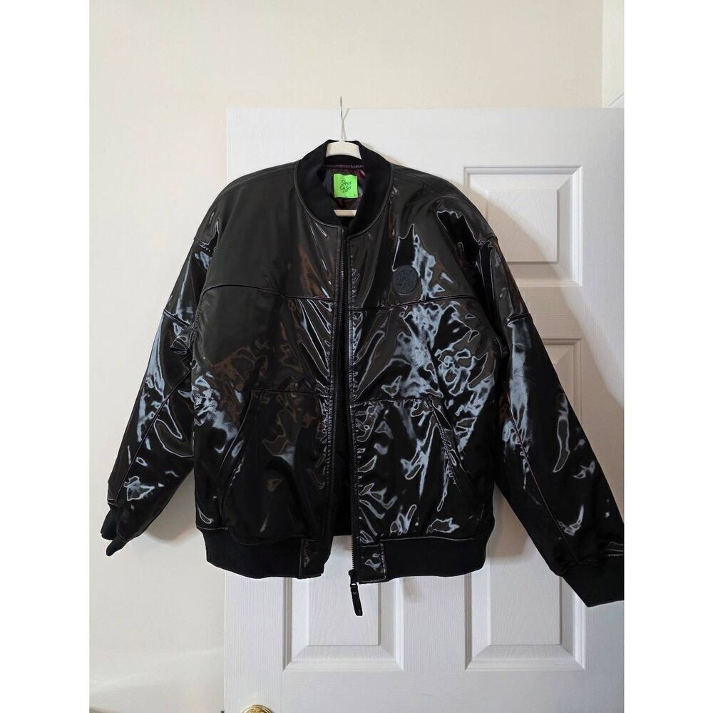 Cash App Mood Bomber Jacket Patented Black Full Zip Thermal Lining L NWT Rare